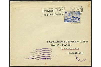 1,75 frank blå på brev fra Bruxelles, Belgien, d. 31.7.1939 til Caracas, Venezuela.
