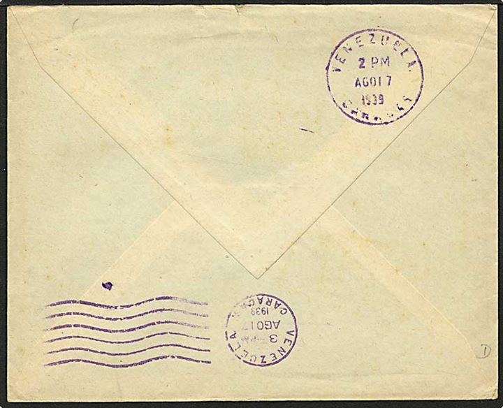 1,75 frank blå på brev fra Bruxelles, Belgien, d. 31.7.1939 til Caracas, Venezuela.