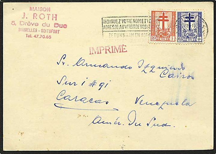 20+5 cent rød og 65+10 cent blå på kort fra Beuxelles, Belgien, d. 8.11.1951 til Caracas, Venezuela.