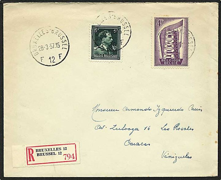 9 frank på Rec. brev fra Bruxelles, Belgien, d. 28.3.1957 til Caracas, Venezuela.