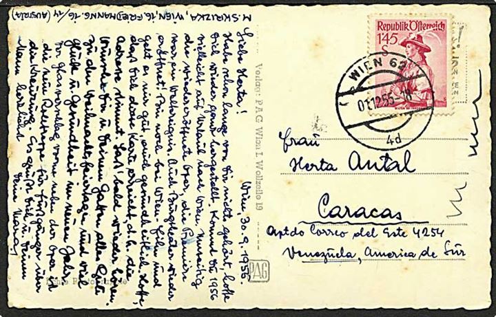 1,45 schilling rød på postkort fra Wien, Østrig, d. 1.12.1955 til Caracas, Venezuela.