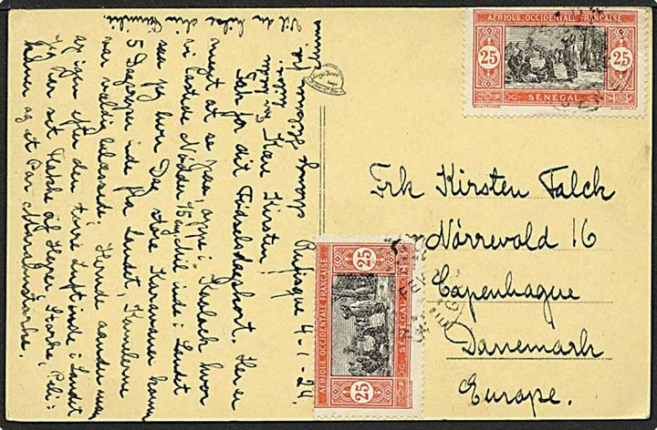25 centimes rød/sort på postkort fra Senegal d. 4.1.1924 til København.