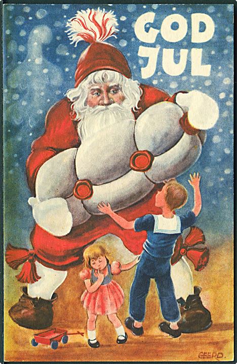 Gösta Geerd: God Jul. Julemand med meget stor pakke til børnene. Sago, serie 4310/1.