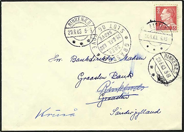 35 øre rød Fr. IX på brev fra Ølsted d. 28.6.1963 til Gråsten. Omadresseret til Rinkenæs og Kruså.