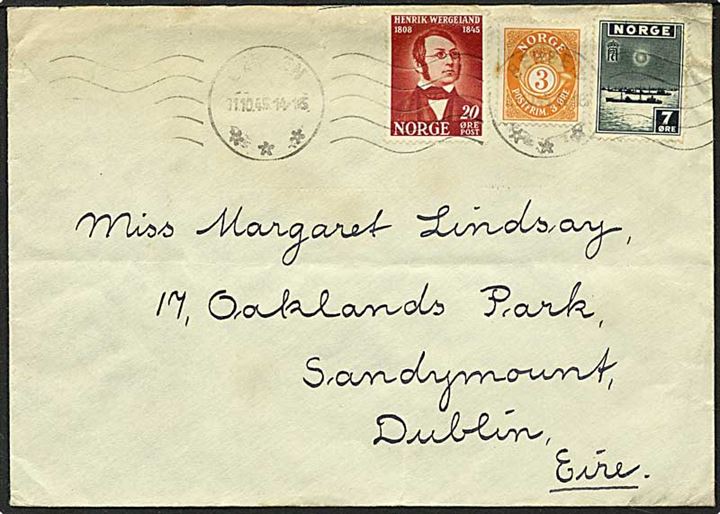 30 øre porto på brev fra Bergen, Norge, d. 31.10.1945 til Dublin, Irland.