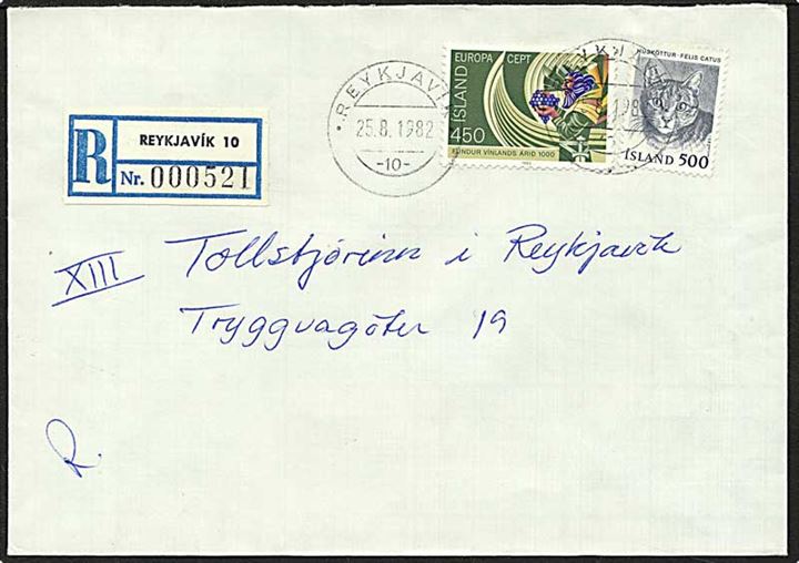950 kr. porto på lokalt sendt Rec. brev fra Reykjavik, Island, d. 25.8.1982.