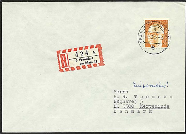 1,60 mark orange singelfrankatur på Rec. brev fra Frankfurt, Tyskland, d. 20.3.1972 til Kerteminde.