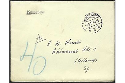 Ufrankeret brev fra Middelfart d. 7.8.1947 til Hellerup. Sat i porto med 40 øre. Henlagt som kassebrev.