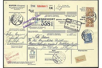 40 øre blå karavel og 1 kr. brun Chr. X på adressekort fra København d. 21.10.1942 til Oslo, Norge. Modtagelskvitteringen medfølger.