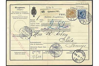 20 øre blå og 1 kr. gulbrun Chr. X på adressebrev fra København d. 11.10.1915 til Sala, Sverige.