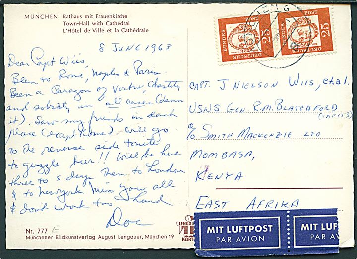 25 pfg. Neumann i parstykke på luftpost brevkort fra München d. 8.6.1963 til Capt. ombord på amerikanske transportskib USNS General R. M. Blatchford (T-AP-153) i Mombasa, Kenya. Skibet blev i 1963 benyttet som troppetransportskib i forbindelse med UN's fredsbevarende operationer i Congo.
