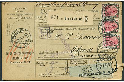 20 pfg., 60 pfg. og 4 mk. (4) Germania på for- og bagside af internationalt adressekort for pakke fra Berlin d. 10.9.1921 via Fredericia til Odense, Danmark.