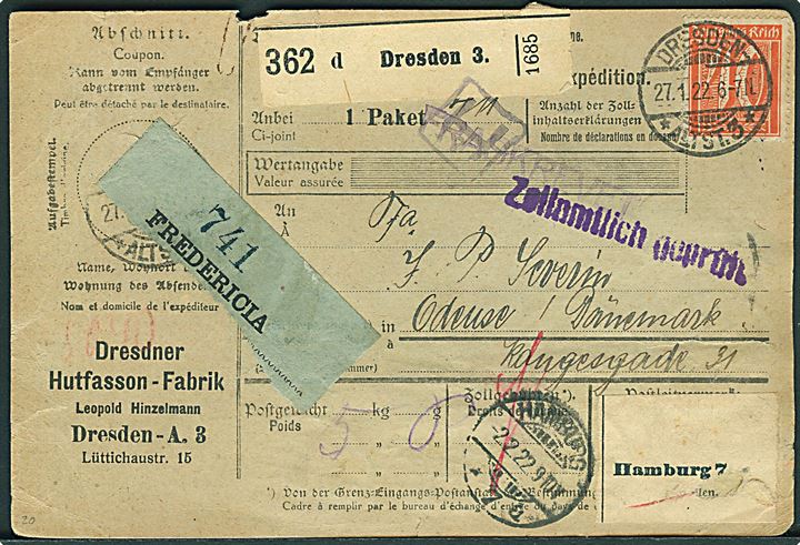40 pfg. og 10 mk. (5) Ciffer på for- og bagside af internationalt adressekort for pakke fra Dresden d. 27.1.1922 til Odense, Danmark.