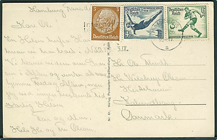 3 pfg. Hindenburg, samt 4+3 pfg. og 6+4 pfg. Olympiade udg. på brevkort fra Hamburg d. 23.7.1936 til Kalundborg, Danmark.