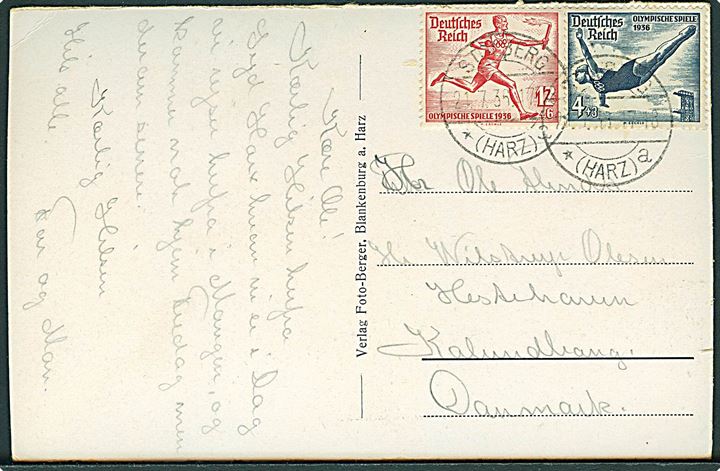 4+3 pfg. og 12+6 pfg. Olympiade udg. på brevkort fra Stolberg *(Harz)* d. 21.7.1936 til Kalundborg, Danmark.