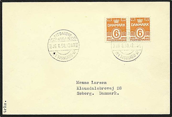 6 øre orange bølgelinie på brev fra Det Danske Kommando *i Tyskland* d. 26.6.1958 til Søborg. Postkvittering medfølger.