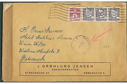 5 øre Bølgelinie og 15 øre Fr. IX (3) på brev fra København d. 27.7.1951 til Wien, Østrig. Åbnet af østrigsk efterkrigscensur. Har været opklæbet. 