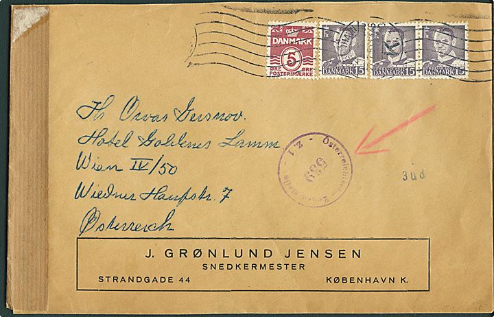 5 øre Bølgelinie og 15 øre Fr. IX (3) på brev fra København d. 27.7.1951 til Wien, Østrig. Åbnet af østrigsk efterkrigscensur. Har været opklæbet. 