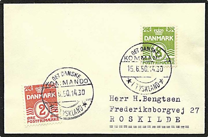 2 øre rød og 8 øre grøn bølgelinie på brev fra Det Danske Kommando *i Tyskland* d. 15.6.1950 til Roskilde.