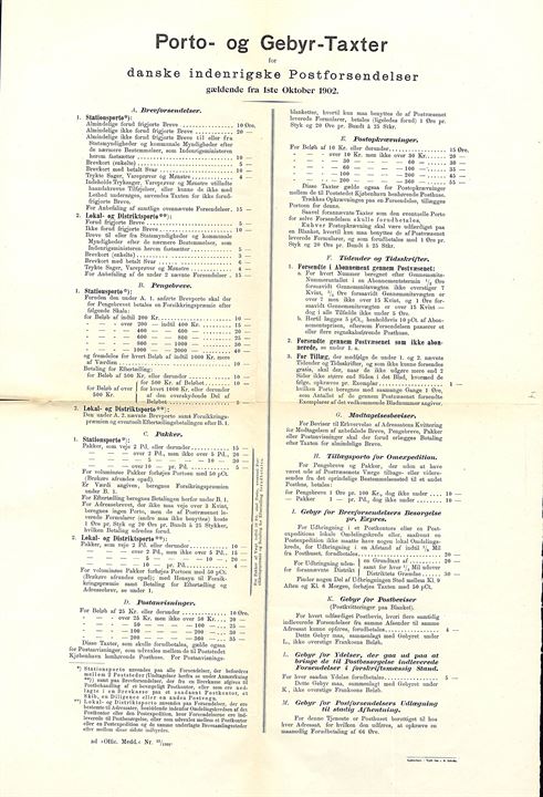 Porto- og Gebyr-Taxter for danske indenrigske Postforsendelser gældende fra 1ste Oktober 1902. Mindre rifter.