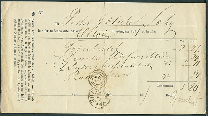 Avisregning med kombineret nr.stempel 58/Roeskilde d. 28.6.1871 for oktober kvartal 1871.