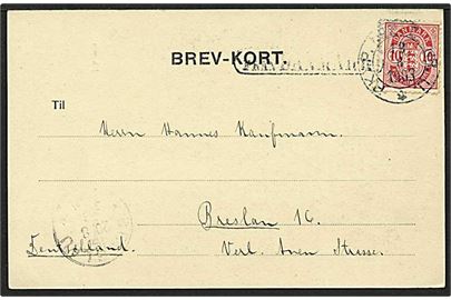 10 øre rød våbentype på skibsbrevkort fra København d. 18.8.1903 til Breslau, Tyskland. Mærket stemplet med svensk bureaustempel og Från Danmark linie skibsstempel. 