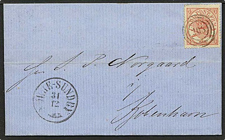 4 skilling rød krone/scepter på brev fra Nørre-Sundby d. 31.12.1867 til København. Nummerstempel 203.