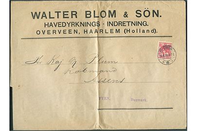 5 c. Vilhelmine single på stort korsbånd fra Amsterdam d. 26.8.1908 til Assens, Danmark. Fold.