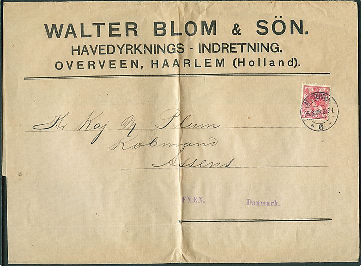 5 c. Vilhelmine single på stort korsbånd fra Amsterdam d. 26.8.1908 til Assens, Danmark. Fold.