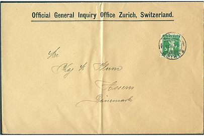 5 c. på fortrykt kuvert fra Official General Inquiry Office sendt som tryksag fra Zürich d. 8.4.1911 til Assens, Danmark.