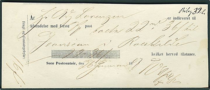 Fortrykt kvittering fra Soröe Postcontoir d. 26.1.1867 afsendelse af 22 rd 36 sk. til Roskilde. Betalt 16 sk.