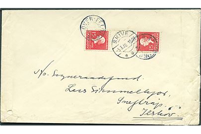 15 øre H. C. Andersen i tête-bêche 3-stribe med mellemstykke på brev annulleret med udslebet stjernestempel OVER-FELDBORG og sidestemplet Skive d. 5.3.1936 til Ilskov. Kuvert skåret i toppen.