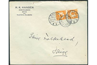 10 øre H.C.Andersen i tête-bêche parstykke på brev annulleret med udslebet stjernestempel OVER-FELDBORG og sidestemplet Skive d. 17.3.1936 til Skive.