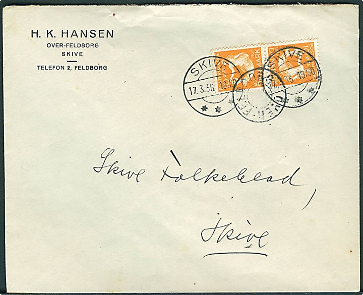 10 øre H.C.Andersen i tête-bêche parstykke på brev annulleret med udslebet stjernestempel OVER-FELDBORG og sidestemplet Skive d. 17.3.1936 til Skive.