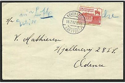 15 øre rød Chr. X på luftpost brev fra København d. 18.7.1937 via Esbjerg til Odense.