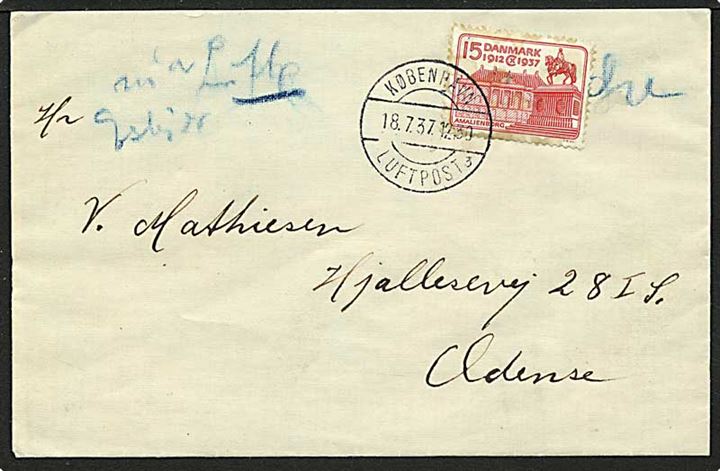 15 øre rød Chr. X på luftpost brev fra København d. 18.7.1937 via Esbjerg til Odense.