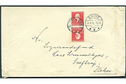 15 øre H.C.Andersen i tête-bêche parstykke på brev annulleret med udslebet stjernestempel OVER-FELDBORG og sidestemplet Skive d. 17.4.1936 til Ilskov. Kuvert klippet i toppen.