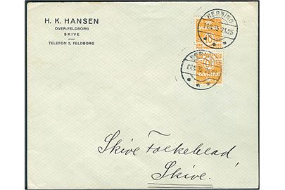 10 øre Bølgelinie i tête-bêche parstykke på brev fra Herning d. 11.4.1935 til Skive.