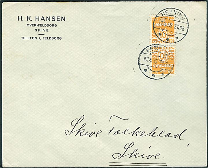 10 øre Bølgelinie i tête-bêche parstykke på brev fra Herning d. 11.4.1935 til Skive.