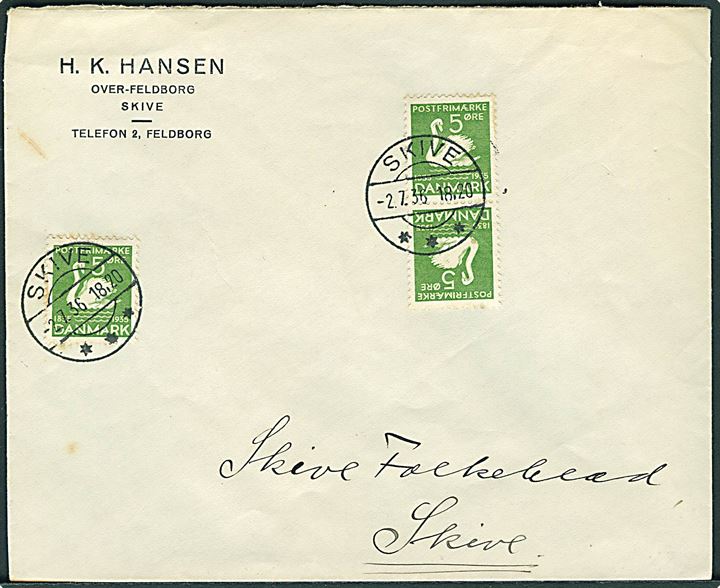 5 øre H.C.Andersen i single og tête-bêche parstykke på lokalbrev i Skive d. 2.7.1936.