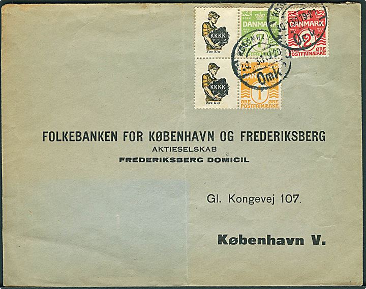 1 øre, 7 øre Bølgelinie og KKKK Reklamemærke i sammentrykt fireblok, samt 2 øre Bølgelinie på lokalbrev i København d. 30.1.1930.