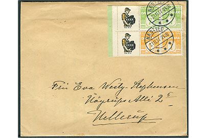 1 øre og 7 øre Bølgelinie, samt KKKK Reklamemærke i 6-blok på brev fra Næstved d. 21.11.1933 til Hellerup.