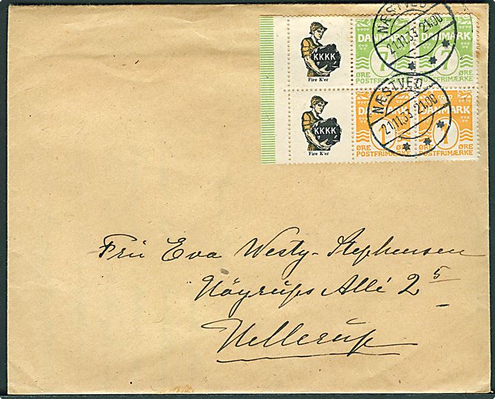 1 øre og 7 øre Bølgelinie, samt KKKK Reklamemærke i 6-blok på brev fra Næstved d. 21.11.1933 til Hellerup.