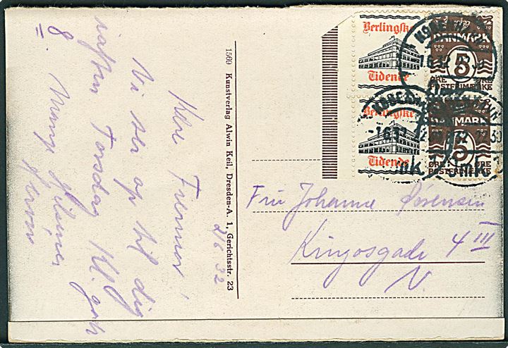 5 øre Bølgelinie og Berlingske Tidende Reklamemærke i fireblok på lokalt brevkort i København d. 1.6.1932.