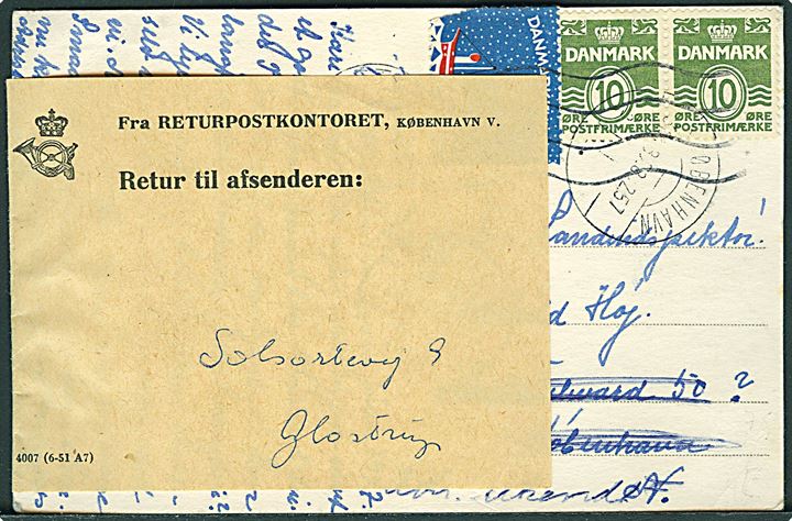 10 øre Bølgelinie (2) og Julemærke 1957 (defekt) på julekort fra Glostrup d. 22.12.1957 til København. Stemplet Kassebrev Omkarteringspostkontoret København  og returneret med etiket fra Returpostkontoret.