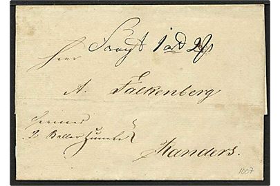 Præfil pakkefølgebrev fra Aalborg d. 12.11.1840 til Randers. Privat befordret 2 baller humle, fragt 1 rigsdaler og 2 sk..