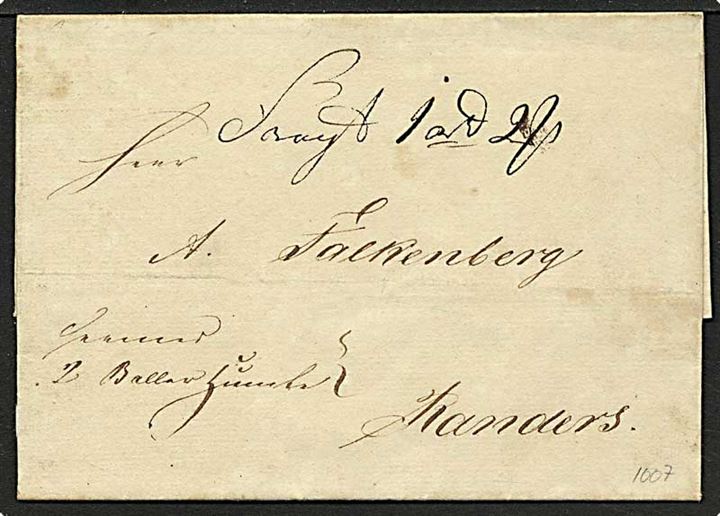 Præfil pakkefølgebrev fra Aalborg d. 12.11.1840 til Randers. Privat befordret 2 baller humle, fragt 1 rigsdaler og 2 sk..