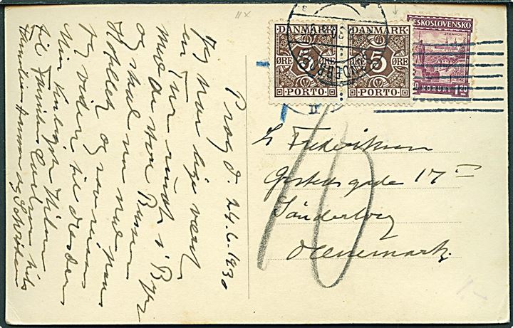 Tjekkisk 1,20 kr på underfrankeret brevkort fra Prag d. 24.6.1930 til Sønderborg, Danmark. Udtakseret i porto med 5 øre Portomærke i parstykke stemplet Sønderborg d. 27.6.1930.