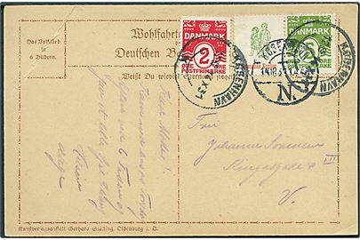 5 øre Bølgelinie og Børnenes Kontor Reklamemærke i parstykke, samt 2 øre Bølgelinie på lokalt brevkort i København d. 14.10.1931.