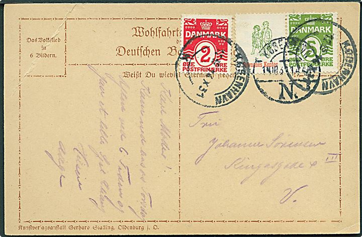5 øre Bølgelinie og Børnenes Kontor Reklamemærke i parstykke, samt 2 øre Bølgelinie på lokalt brevkort i København d. 14.10.1931.